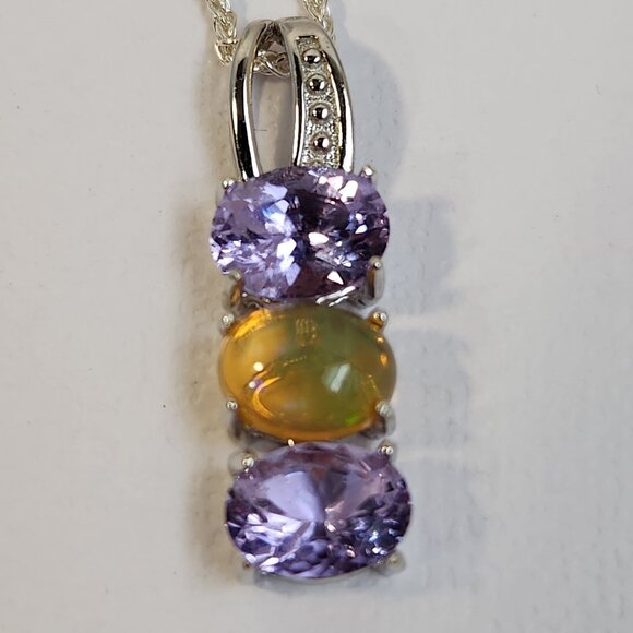 NIB Natural Ethiopian Welo Opal & Genuine Tanzanite Necklace 925 16" Necklace - Picture 2 of 12